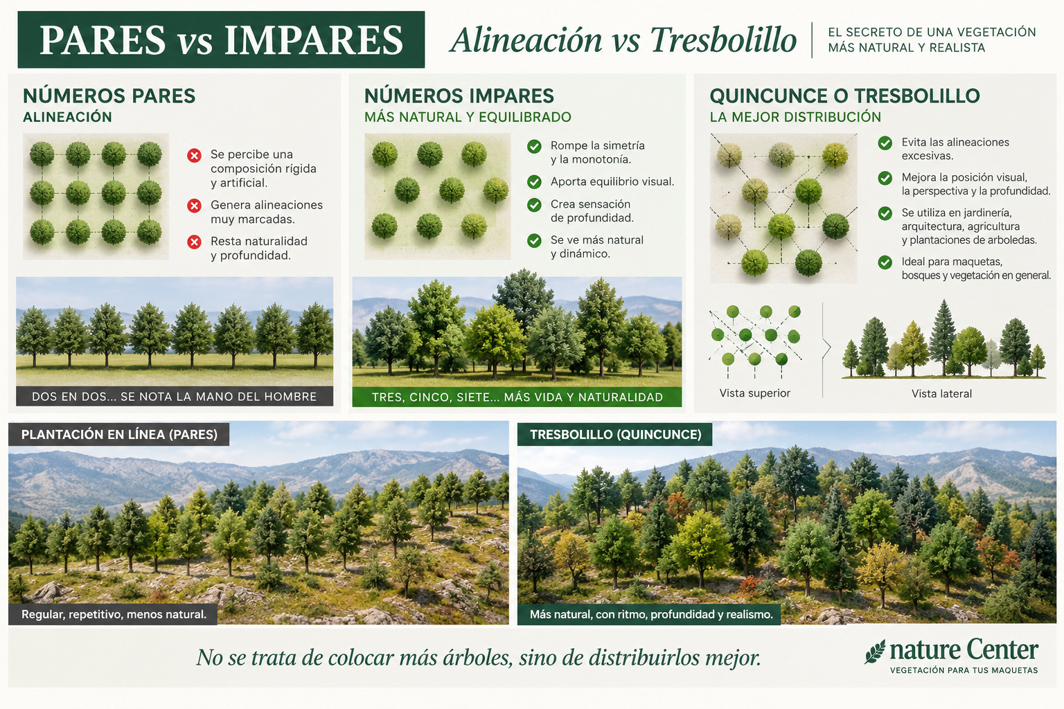 Pares vs impares: alineación frente a tresbolillo para una vegetación más natural