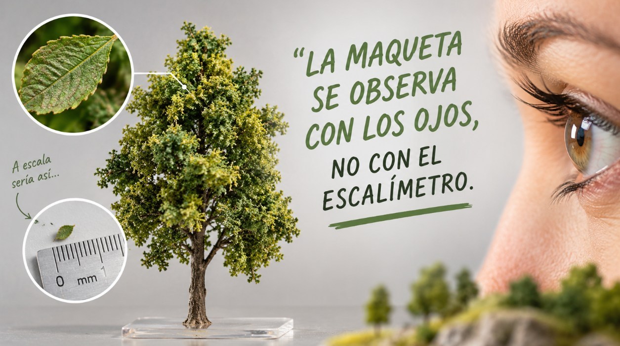 La maqueta se observa con los ojos, no con el escalímetro: un arbolito de Nature Center junto al detalle de una hoja real y su tamaño a escala sobre una regla